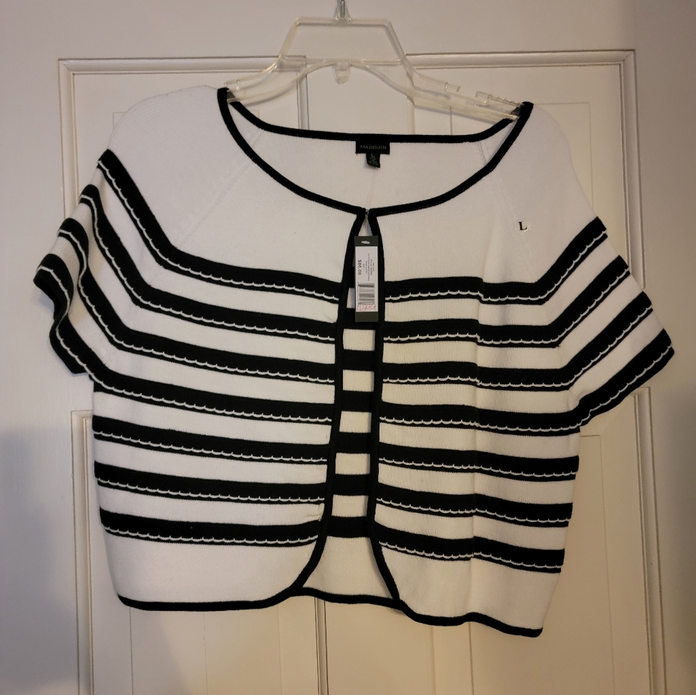 Madison Black and White Striped Cardigan Size Largre NWT